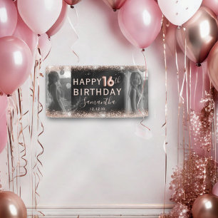 Elegant 16th Rose Gold Glitter & Photo Birthday Banner