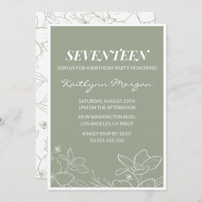 Elegant 17th birthday invitations Floral Green (Front/Back)