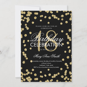 Elegant 18th Birthday Gold Glitter Confetti Black Invitation