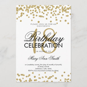 Elegant 18th Birthday Gold Glitter Confetti White Invitation