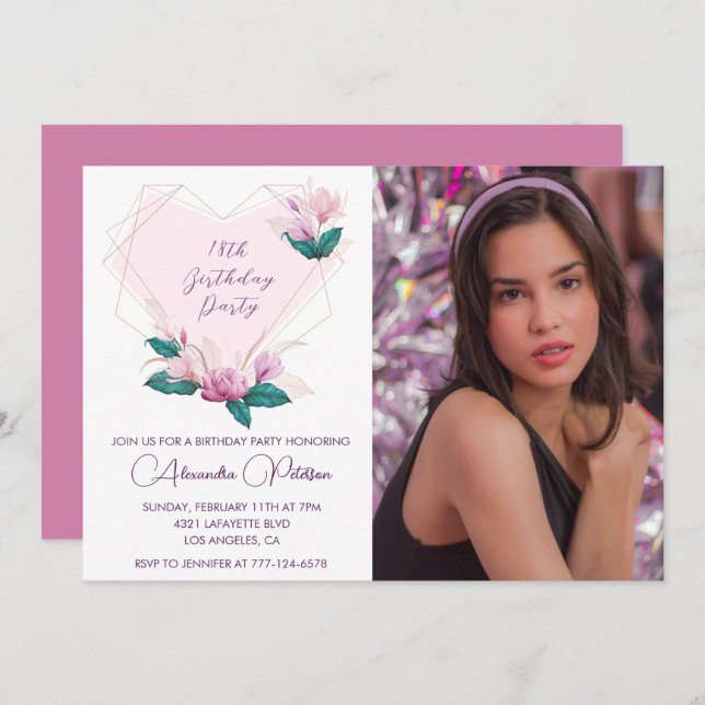 Elegant 18th birthday invitations Floral Photo (Front/Back)