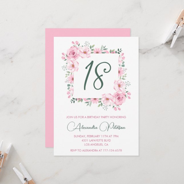 Elegant 18th birthday invitations Floral Pink  (Front/Back In Situ)