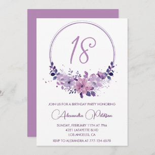 Elegant 18th birthday invitations Floral Purple