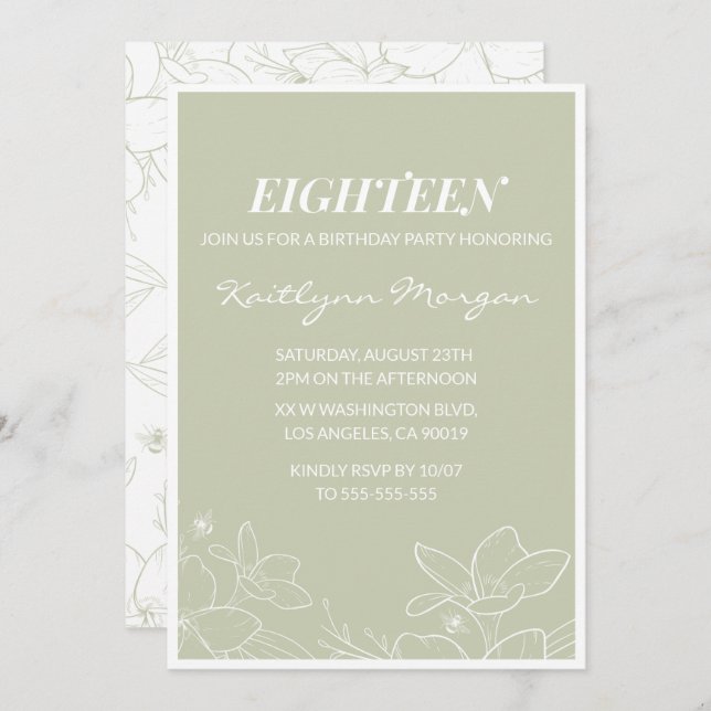 Elegant 18th birthday invitations Modern Floral  (Front/Back)