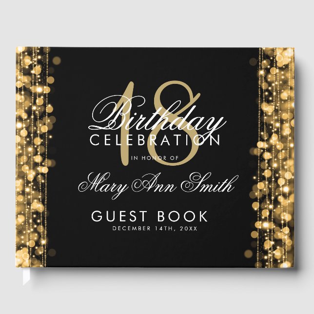 Elegant 18th Birthday Party Sparkles Gold Guest Book (Front)