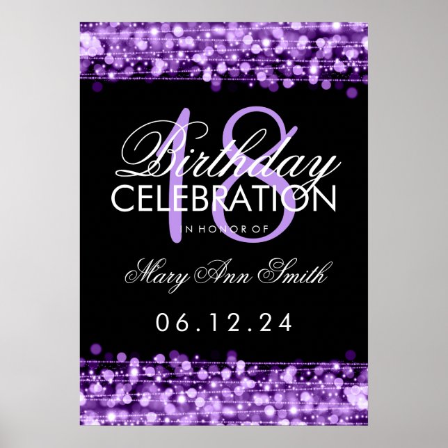 Elegant 18th Birthday Party Sparkles Purple Poster (Front)