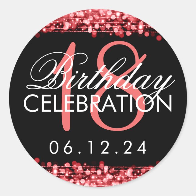 Elegant 18th Birthday Party Sparkles Red Classic Round Sticker (Front)