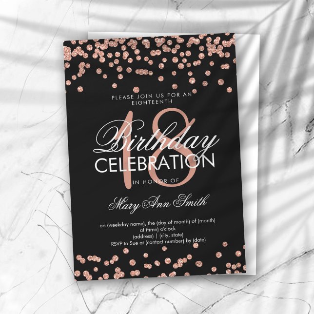 Elegant 18th Birthday Rose Gold Glitter Confetti Invitation (Creator Uploaded)