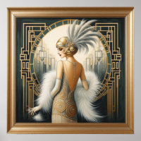Elegant 1920s Art Deco Flapper Lady, Printed Frame