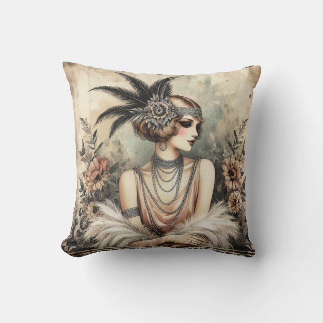 Elegant 1920s Flapper Lady Cushion (Front)