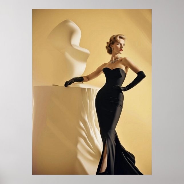 Elegant 1950’s model showing evening black dress poster (Front)