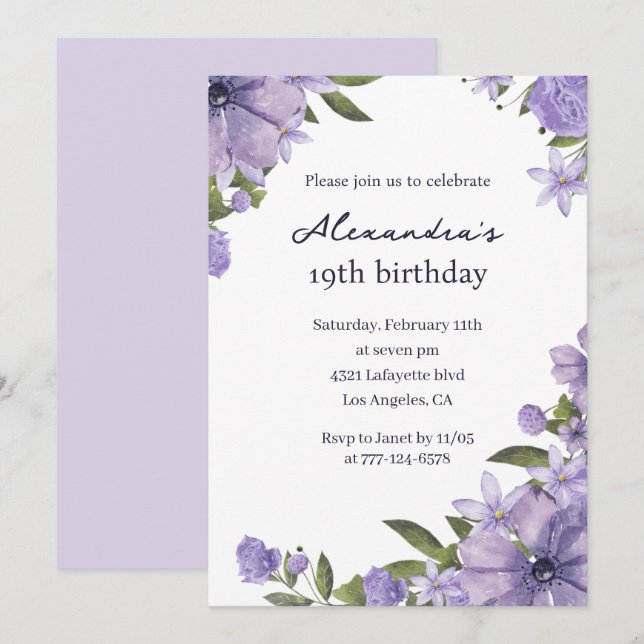 Elegant 19th birthday invitations Boho Floral (Front/Back)