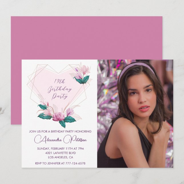 Elegant 19th birthday invitations Floral Photo (Front/Back)