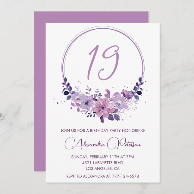 Elegant 19th birthday invitations Floral Purple (Front/Back)