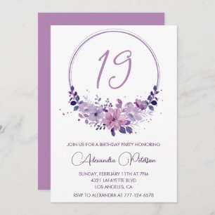 Elegant 19th birthday invitations Floral Purple