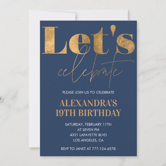 Elegant 19th birthday invitations Navy Gold  (Front)