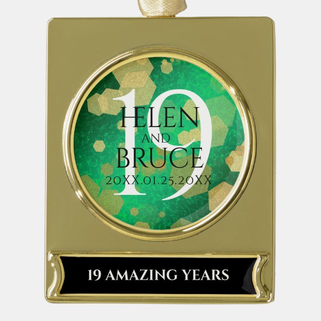 Elegant 19th Jade Wedding Anniversary Celebration Gold Plated Banner Ornament (Front)
