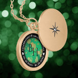 Elegant 19th Jade Wedding Anniversary Celebration Gold Plated Necklace<br><div class="desc">Celebrate the 19th wedding anniversary with this commemorative locket! Elegant black and white lettering with gold-dusted hexagonal confetti on a speckled, jade green background add a memorable touch for this special occasion and milestone. Customise with couple's initials, a special message, and dates for their jade anniversary. Design © W.H. Sim....</div>