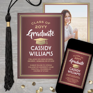 Elegant 1 Photo Burgundy Gold and White Graduation Announcement