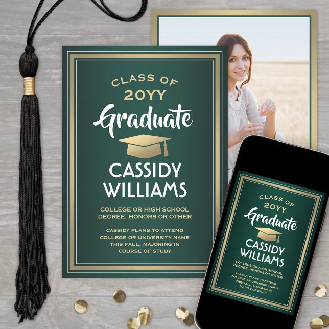 Elegant 1 Photo Modern Green Gold White Graduation Announcement (Creator Uploaded)