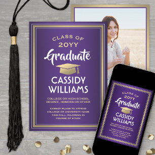 Elegant 1 Photo Purple Gold and White Graduation Announcement