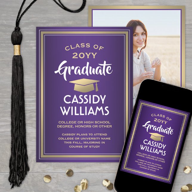 Elegant 1 Photo Purple Gold and White Graduation Announcement (Creator Uploaded)