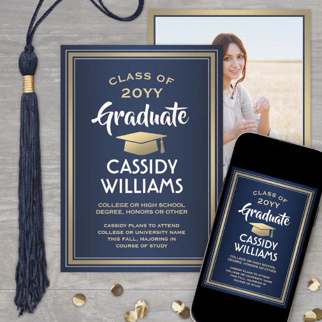 Elegant 1 Photo Simple Navy Gold White Graduation Announcement (Creator Uploaded)