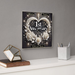Elegant 1st Anniversary Paper Heart Square Wall Clock