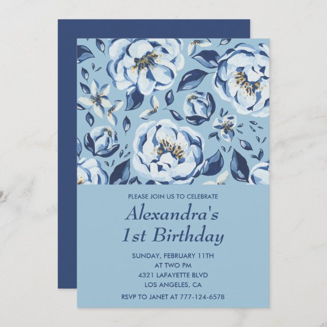 Elegant 1st birthday invitations Floral Blue (Front/Back)