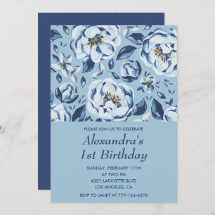 Elegant 1st birthday invitations Floral Blue