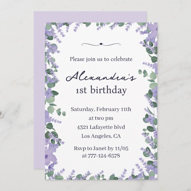 Elegant 1st birthday invitations Floral Frame (Front/Back)