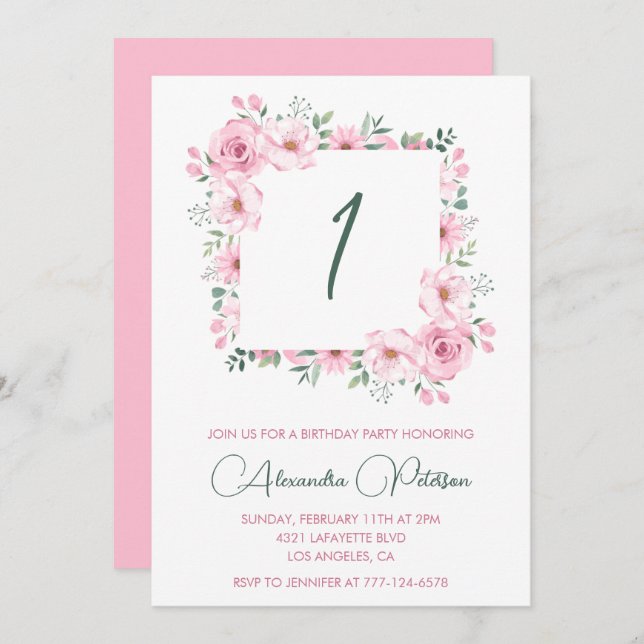 Elegant 1st birthday invitations Floral  Pink (Front/Back)