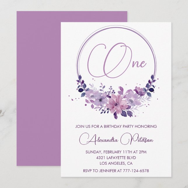 Elegant 1st birthday invitations Floral Purple (Front/Back)