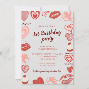 Elegant 1st birthday invitations Grey Red Hearts