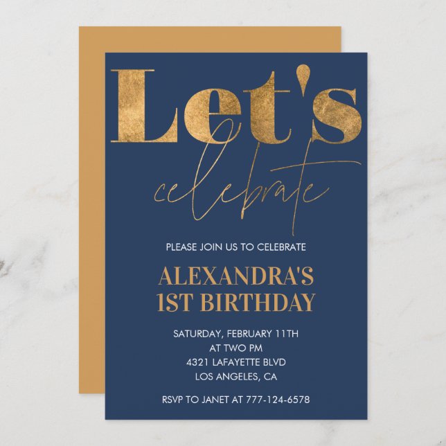 Elegant 1st birthday invitations Navy Gold  (Front/Back)