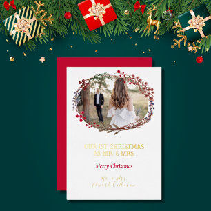 Elegant 1st Christmas Married Bridal Photo White Foil Holiday Card