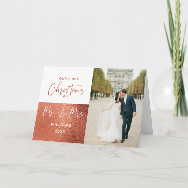 Elegant 1st Christmas Mr & Mrs Copper 2 Photo Holiday Card (Front)