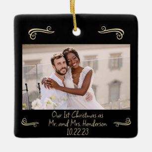 Elegant 1st Christmas Mr. Mrs. Gold and Black Ceramic Ornament