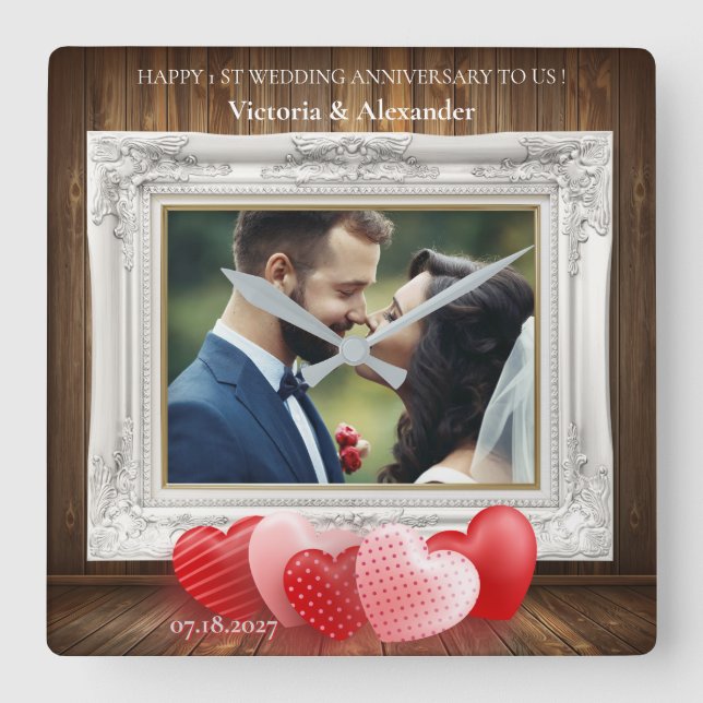 Elegant 1st Wedding Anniversary Photo Clock (Front)