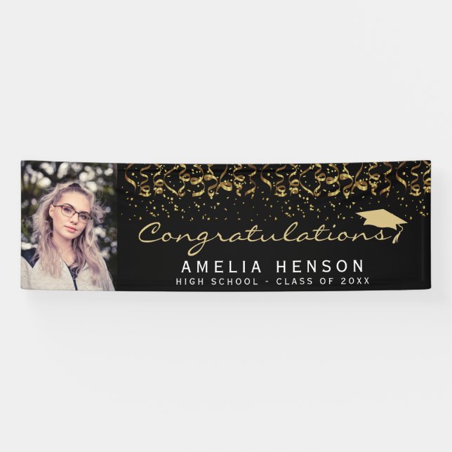 Elegant 2022 Black Gold Confetti Graduate Photo Banner (Horizontal)