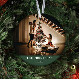 Elegant 2023 Family Photo Minimalist Dark Green Ceramic Ornament