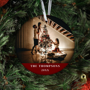 Elegant 2023 Family Photo Minimalist Dark Red Ceramic Ornament