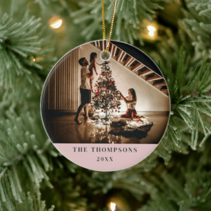 Elegant 2023 Family Photo Minimalist Pink and Grey Ceramic Ornament