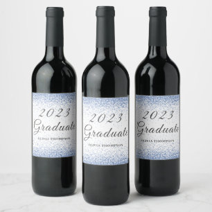 Elegant 2023 Graduation Blue Glitter  Wine Label