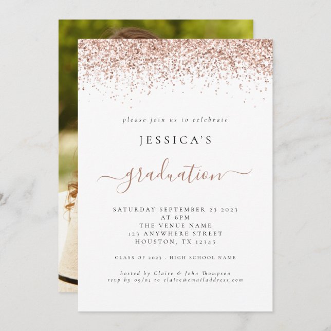 Elegant 2024 Graduation Photo Rose Gold Glitter Invitation (Front/Back)