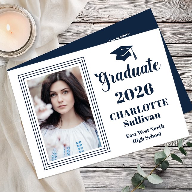 Elegant 2026 Graduate Graduation Portrait Photo  Announcement (Elegant Modern Graduation Portrait Photo Announcement - Print | Digital - Blue | White Reverse)