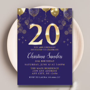 Elegant 20th Birthday Invitation with Gold Ballons