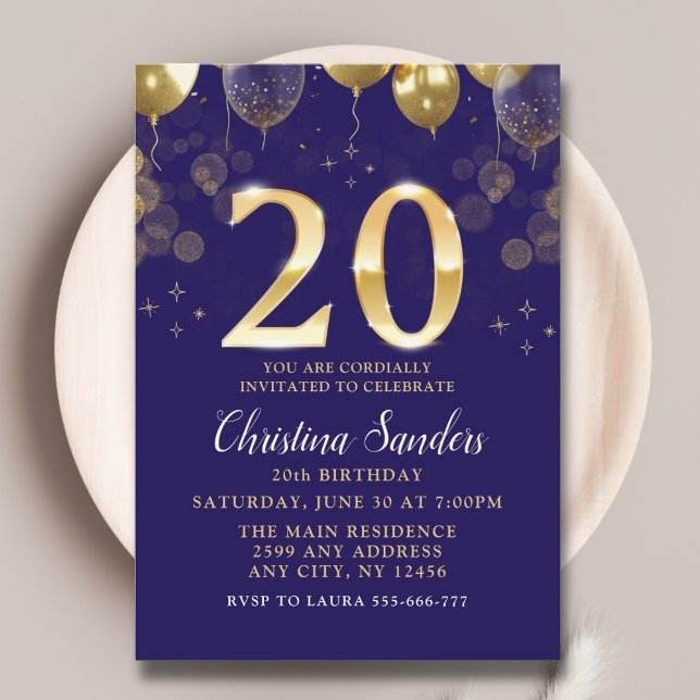 Elegant 20th Birthday Invitation with Gold Ballons (Creator Uploaded)