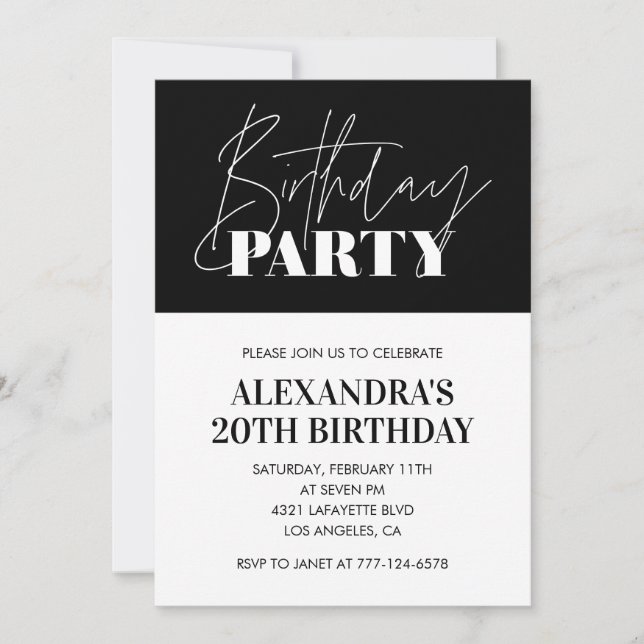 Elegant 20th birthday invitations Black White (Front)