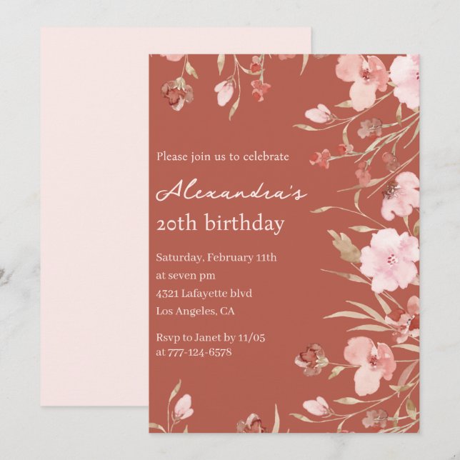 Elegant 20th birthday invitations Floral Chic  (Front/Back)